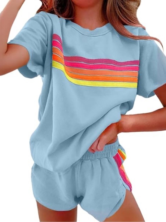 tik tokshop Pants - Light Blue Rainbow Stripe Short Set